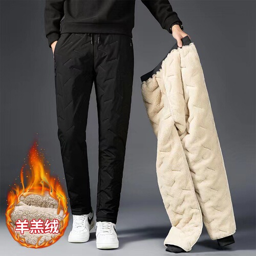 Winter and Autumn Waterproof and Warm Lamb Wool Pants Loose Fleece Lined Thick Plus Size Straight Leg Warm Cotton Pants Men