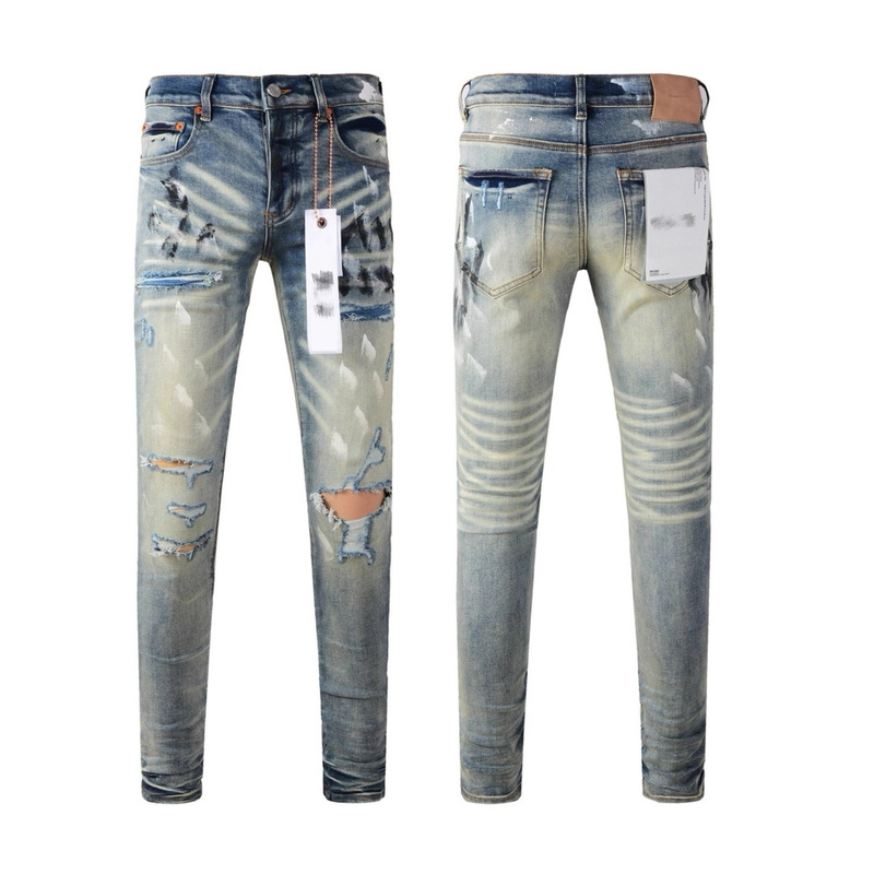 跨境欧美Purple Brand水洗做旧复古jeans破洞痞帅美式直筒牛仔裤|undefined