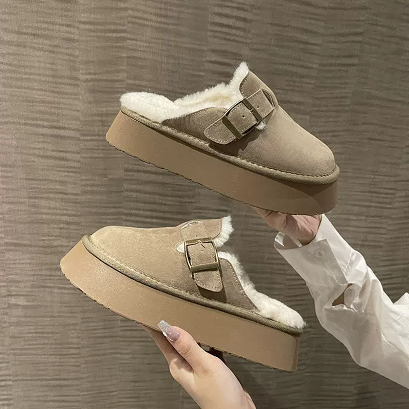 一脚蹬懒人穆勒鞋加绒棉拖女半拖秋冬外穿2025新款厚底毛毛勃肯鞋