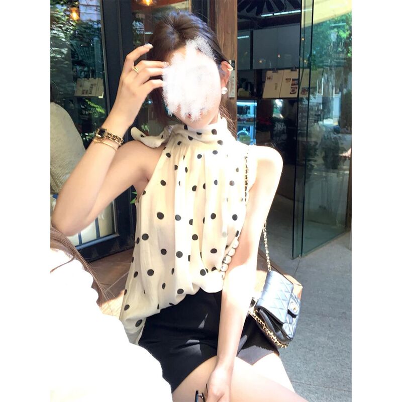 2025 Korean Style Simple T-Shirt French Polka Dot Sleeveless Off-Shoulder Top Women's Summer Asymmetrical Slim Halter Vest 2025 Korean Style Simple T-Shirt French Polka Dot Sleeveless Off-Shoulder Top Women's Summer Asymmetrical Slim Halter Vest