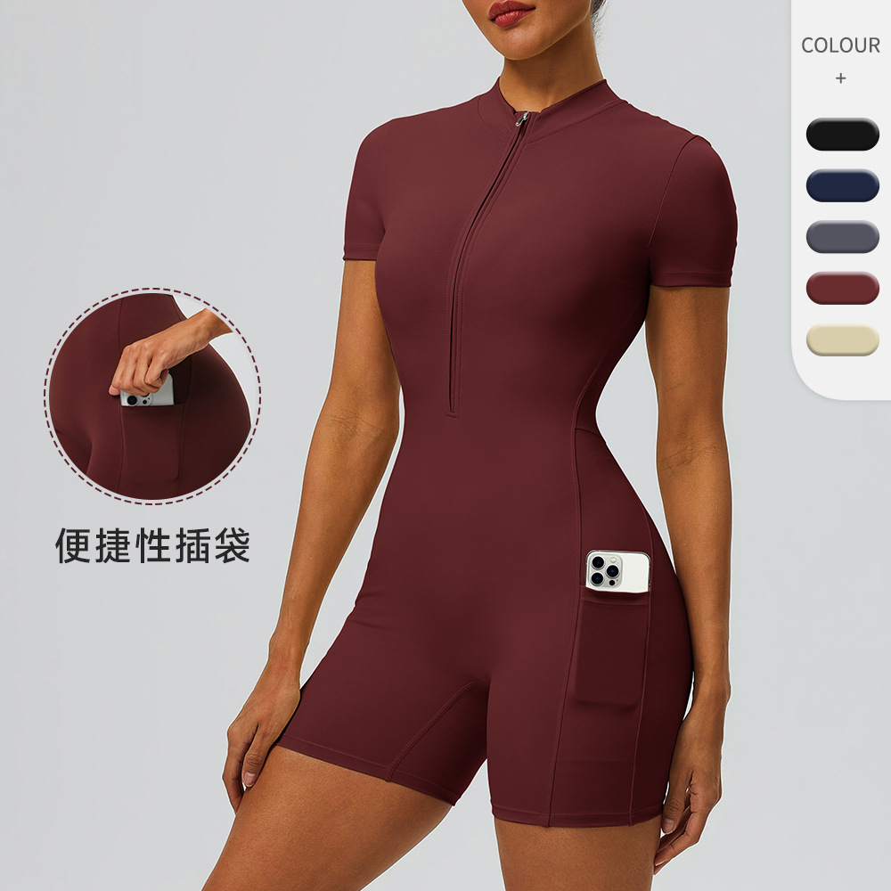 European and American Style Zip-Up Short-Sleeve Yoga Jumpsuit with Functional Pockets, Women's Butt-Lifting Tight-Fitting Sports Jumpsuit Shorts 62202