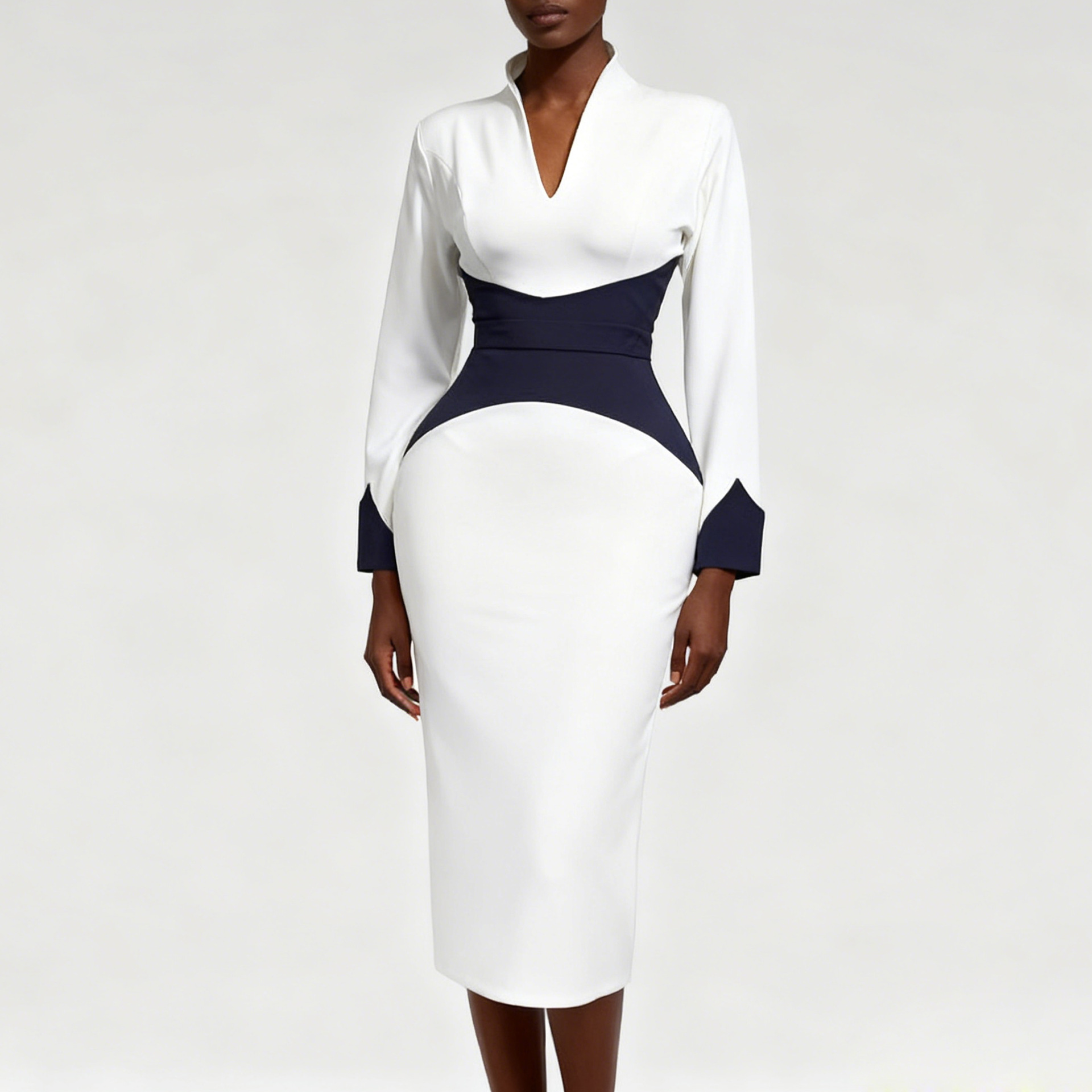 European and American Style Fashionable Deep V Contrast Color Long-Sleeved Dress Waist Slimming Look Hip Party Evening Dress Dresses