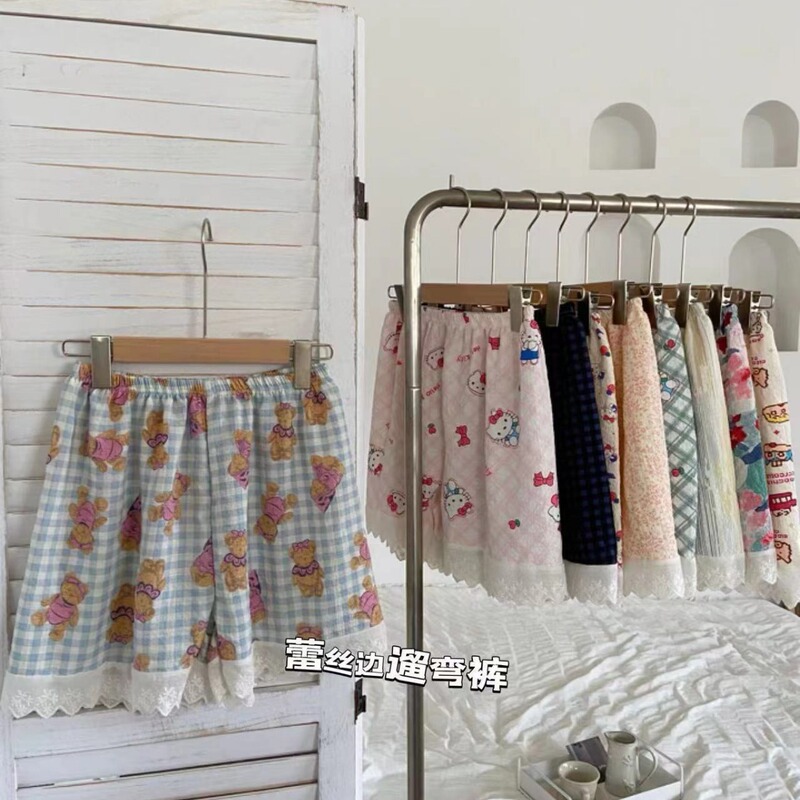Pajamas Women's Summer Thin Bubble Cotton Cartoon Sweet Cute Home Pajama Pants for Students Walking Shorts for Outer Wear