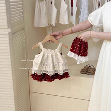 【送头巾】女童夏款套装2025洋气女宝钩花刺绣背心红色波点裙裤