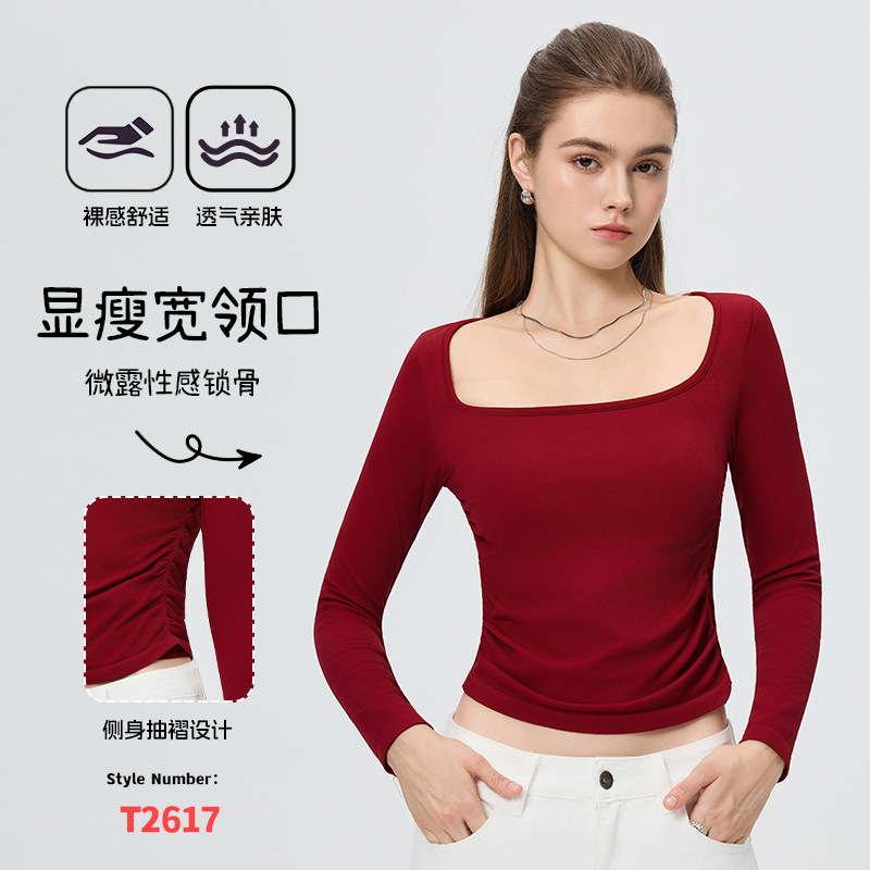 跨境欧美秋运动圆领长袖冬显瘦侧边抽褶紧身T恤健身服瑜伽服女|undefined