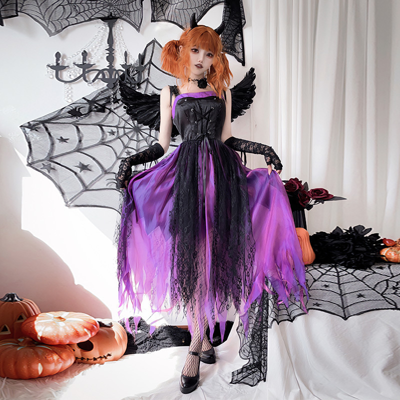 ハロウィーンの大人の服装の翼の暗黒天使cos鬼の花嫁の悪魔の女王は紫の魔女のワンピースを詰めます。|undefined