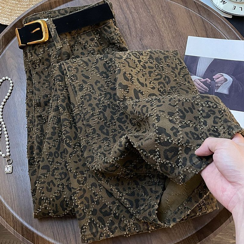 Simon Lerner American High Street Leopard Print Jeans Women's Winter New Hot Girl High Waist Loose Straight