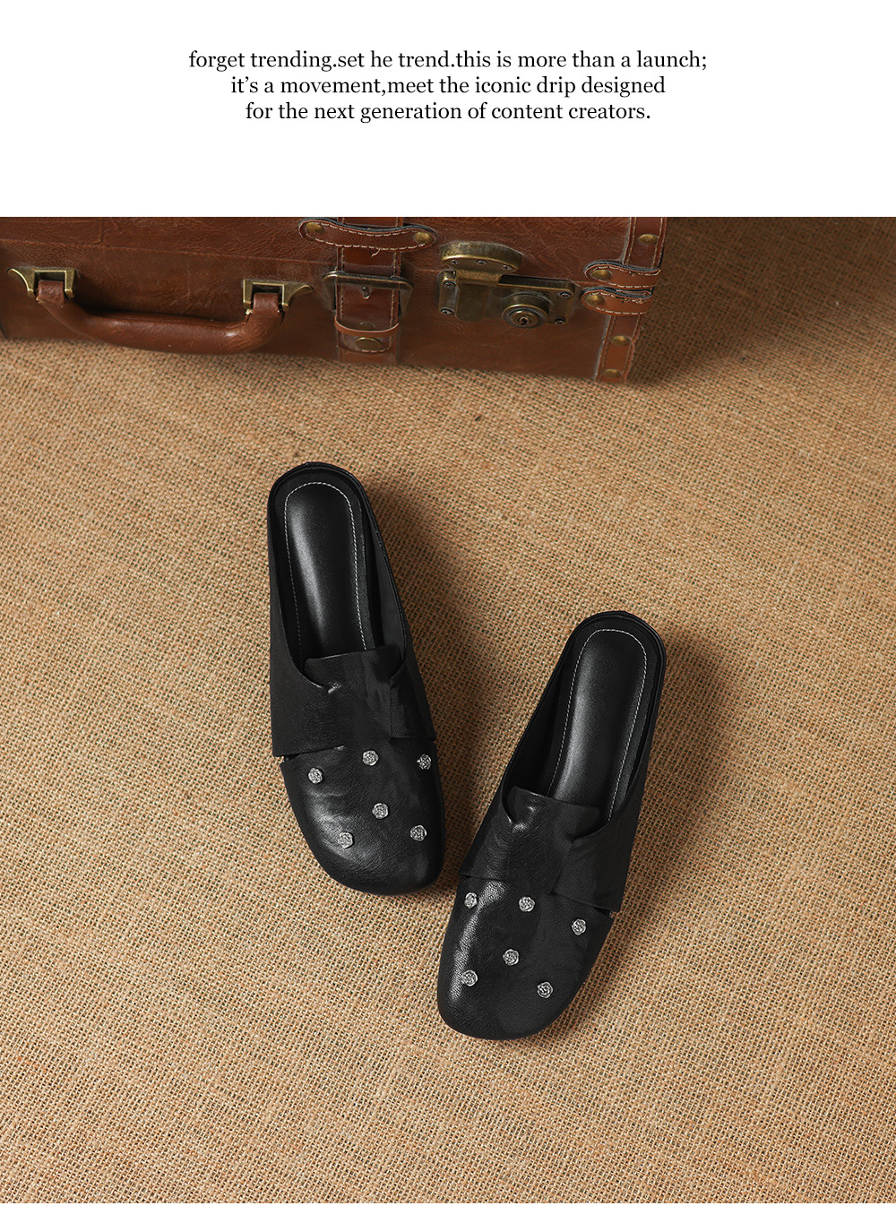 Dép sandal nữ quai chữ V mũi hoa bọc đầu, gót thấp 4 cm, da cừu thời trang — đen chi tiết 18