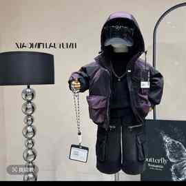 儿童冲锋衣男童夹棉外套秋冬季2025新款小男孩加绒牛仔裤两件套装