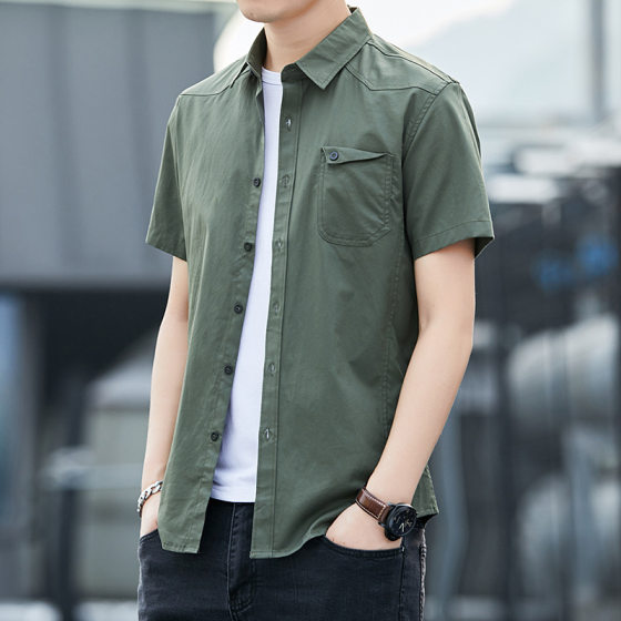 Cotton short-sleeved shirt men's summer loose plus size Japanese style workwear versatile trendy youth casual shirt wholesale