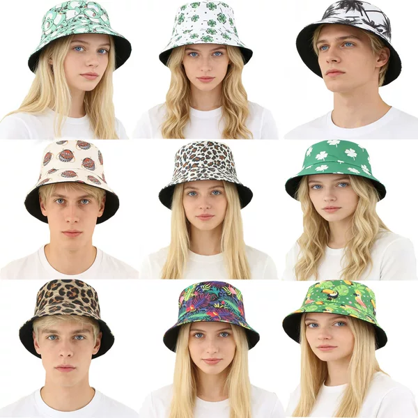 Cross-Border Double-Sided Fisherman's Hat for Men and Women, Unisex Cartoon Fruit Leopard Print Frog Clover Print Bucket Hat, Versatile for Outdoor Use