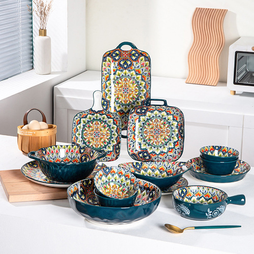 Bohemian plate ceramic dinner plate set, bowl, spoon, chopsticks, soup bowl, dish plate, dumpling plate, bestseller