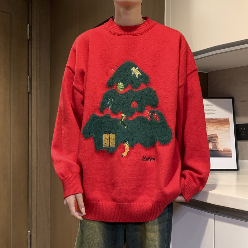 Trendy Brand American-style hiphop Creative Flocking Couple Christmas Sweater Men's Winter Ins Lazy Style Pullover Sweater