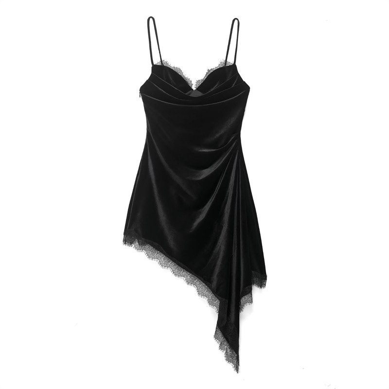 Foreign Trade Cross-Border Women's Clothing 2025 European and American Style Suspender Asymmetric Lace Velvet Dress 9838242