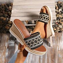 坡跟拖鞋女35-43大码波西米亚风一字高跟凉拖聚氨酯轻便舒适女鞋