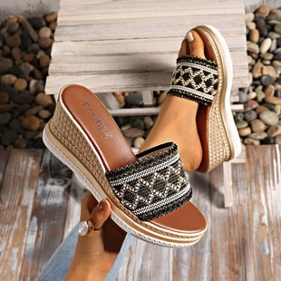 Wedge Slippers for Women 35-43 Large Size Bohemian Style One-Line High-Heeled Sandals Polyurethane Lightweight and Comfortable Women's Shoes