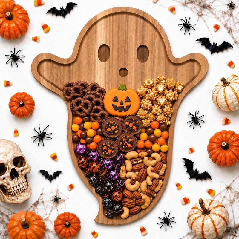 Gothic-style wooden tray, dry fruit tray, fun Halloween delicatessen snack tray, wooden ghost tray, candy tray Gothic-style wooden tray, dry fruit tray, fun Halloween delicatessen snack tray, wooden ghost tray, candy tray