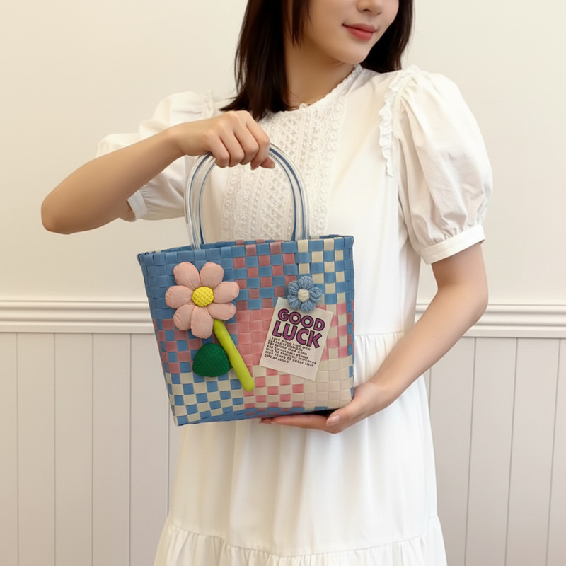 2026 Spring New Style Fresh and Sweet Leather Handbag Plastic Woven Women's Handbag Large Capacity