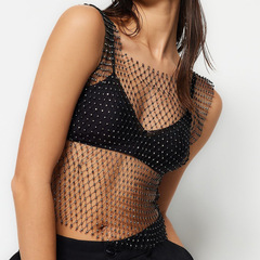 普美女裝歐美跨境背心性感漁網水鑽上衣女亞馬遜網眼閃鑽背心