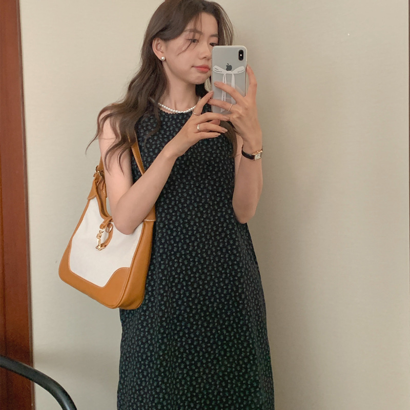 韩国chic夏季复古气质圆领宽款无袖设计感满屏小碎花连衣裙长裙女|undefined