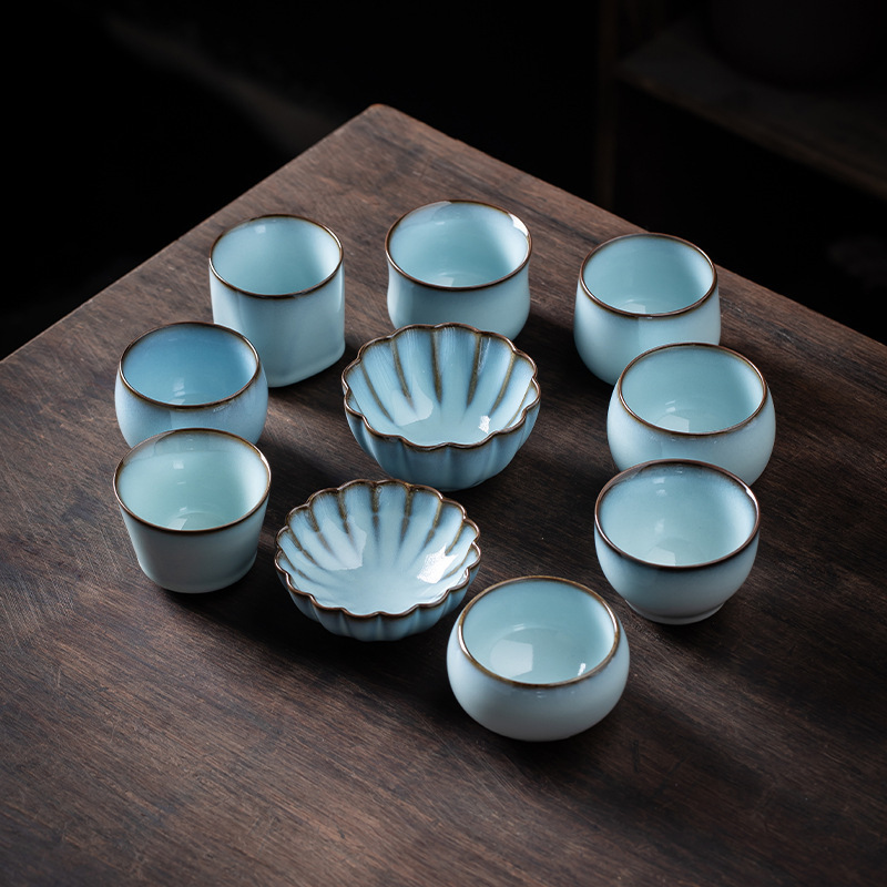 Ru kiln ceramic master tea cup Jun porcelain tea single Cup iron tire tea cup ice crack open piece nourishing kung fu tea bowl wholesale