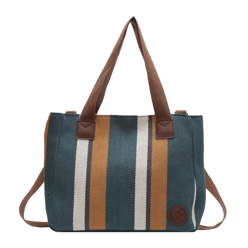 Bolsa de lona de grande capacidade, bolsa de ombro feminina casual estilo coreano, listras verticais, bolsa tote feminina versátil para o dia a dia.