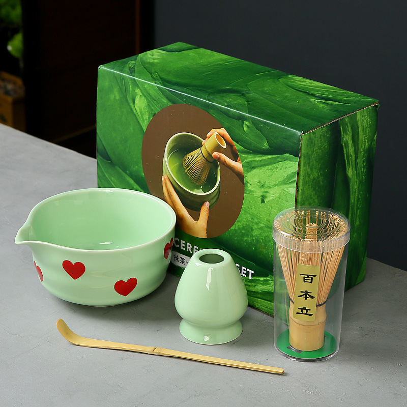 跨境抹茶碗套装樱桃蝴蝶结心形图案花纸陶瓷百本立茶筅点茶系列|undefined