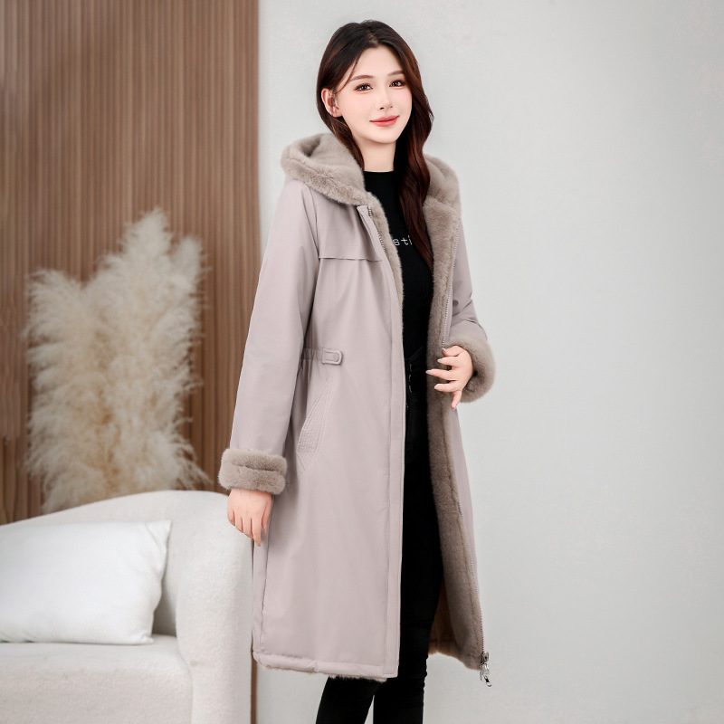 Winter reversible parka for women, faux mink fur, loose fit, knee-length, thickened, waterproof, and windproof
