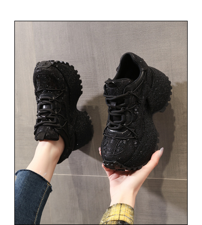 Giày sneaker nữ đế dày tăng chiều cao đính đá lưới thoáng mát — màu đen chi tiết 14