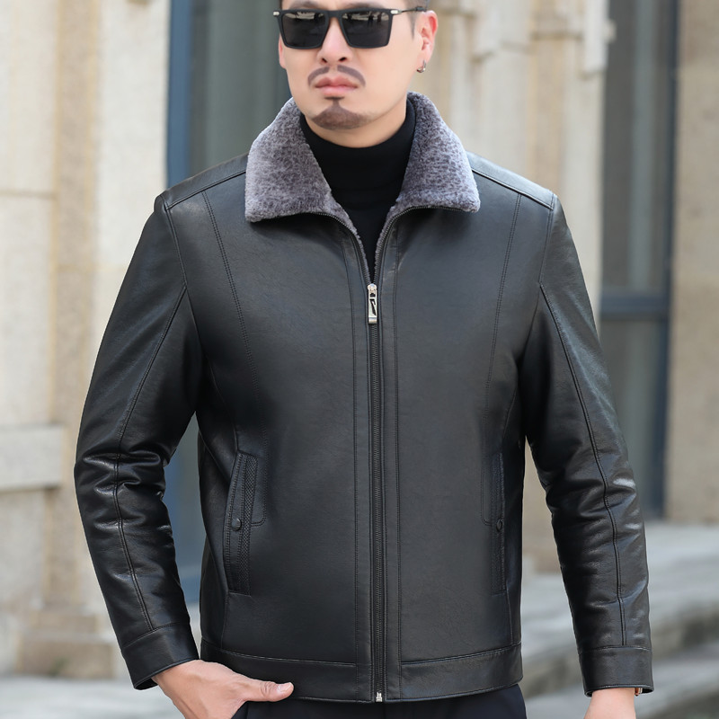 Haining Goat Leather Men's Genuine Leather Jacket Short Lapel Middle-aged Casual Fur One-piece Fleece Lined Thickened Jacket