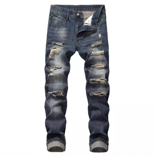 Men's Ripped Straight Leg Slim Fit Non-Stretch Jeans, Multiple Tears, North American Long Pants, Light