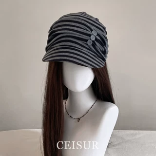 韩系古早氛围感针织条纹头巾帽手工纽扣褶皱系带时髦平檐鸭舌帽女