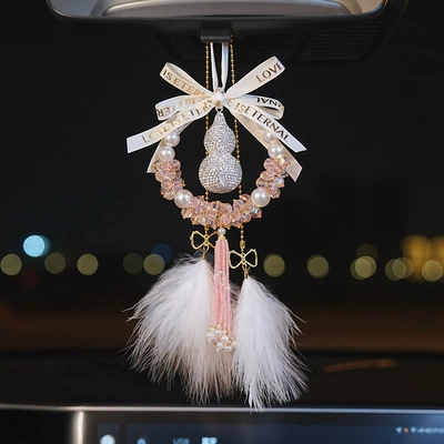 New Style Fulu Gourd Car Safety Car hanging - pearl-gourd-pendant-pink-feather-pendant