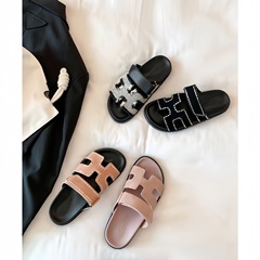 牛皮版~蘇茵茵同款高級二舅新色真皮魔術貼厚底H拖鞋女涼拖外穿夏