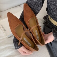 绒面复古玛丽珍尖头皮条缠绕小单鞋2025秋季新款百搭懒人踩跟女鞋