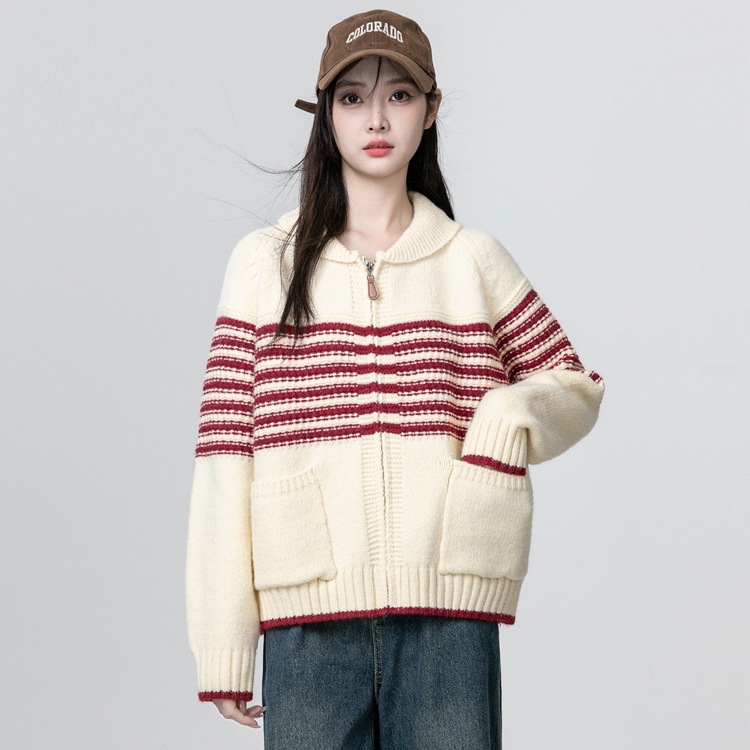 韩系翻领超好看条纹毛衣外套女秋冬大码胖mm慵懒风宽松针织衫上衣|undefined