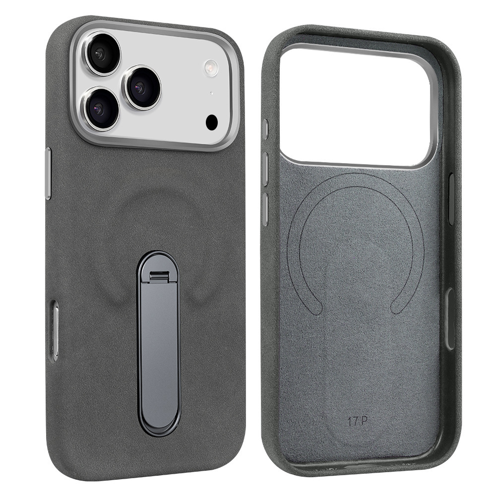 Ốp lưng iPhone 16/17 Pro da lộn từ tính có chân đứng ẩn — màu đen, nâu, màu xám, Kaki chi tiết 20