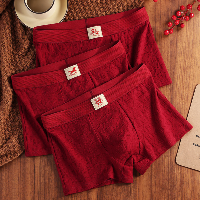 Red Men's Cotton Boxer Briefs for the Year of the Horse 2026, Trendy Youth Boxer Shorts