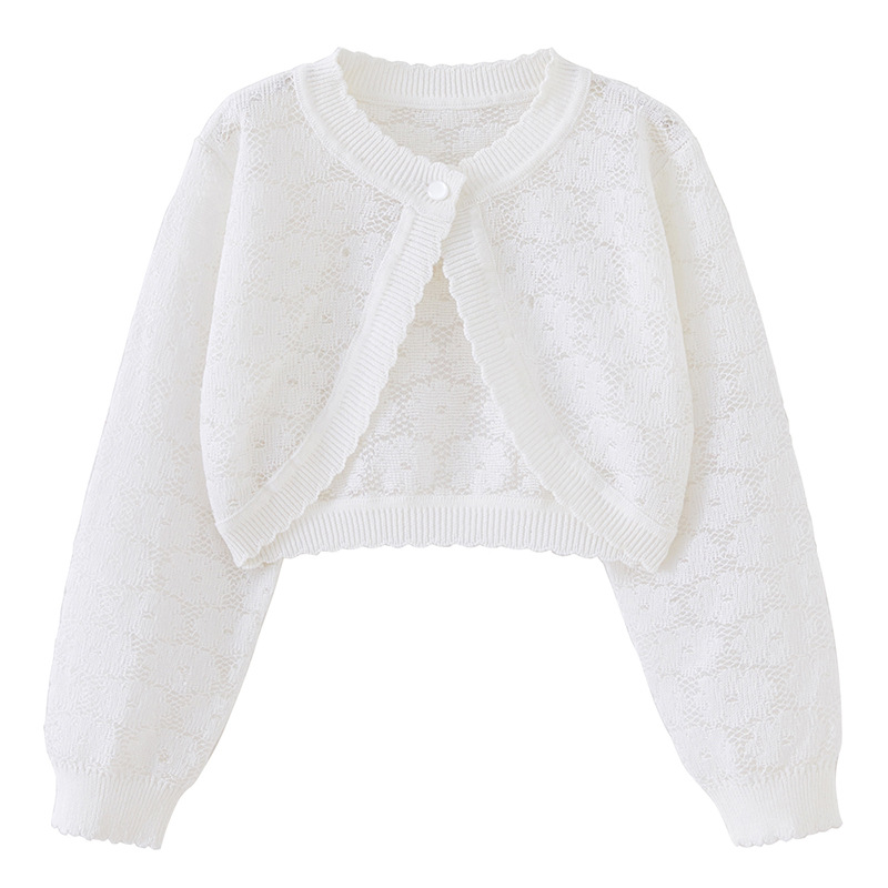 Mother & Kids Flower Hollow One Button Girls Knitted Cardigan Coat Girls' Floral Lace Single Button Knit Cardigan Sun Protection Thin Sweater Shawl_voghion.com