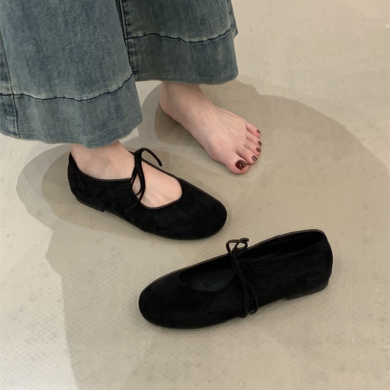圆头绑带绒面平底芭蕾浅口软底久站通勤小单鞋新款玛丽珍瓢鞋|undefined