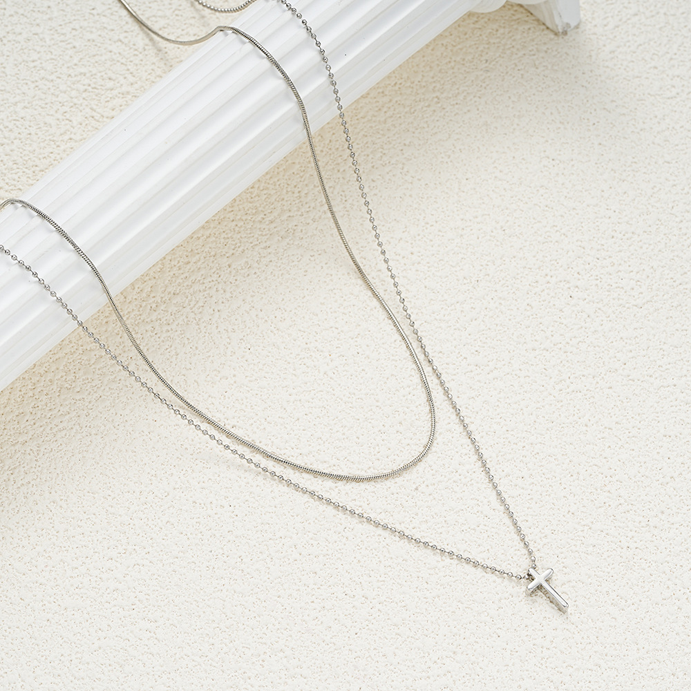 Cross Pendant Layered Necklace With Snake Bone Chain Style_voghion.com
