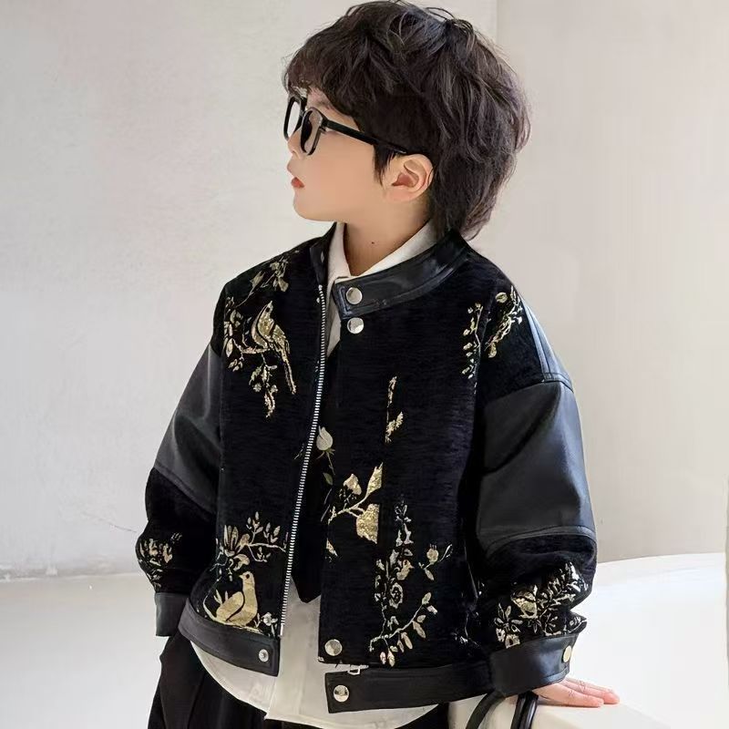2025 otoño chaqueta de niño estilo chino guapo chaqueta de cuero de niños nuevos productos de moda ropa infantil chaqueta de cuello de niño image 2