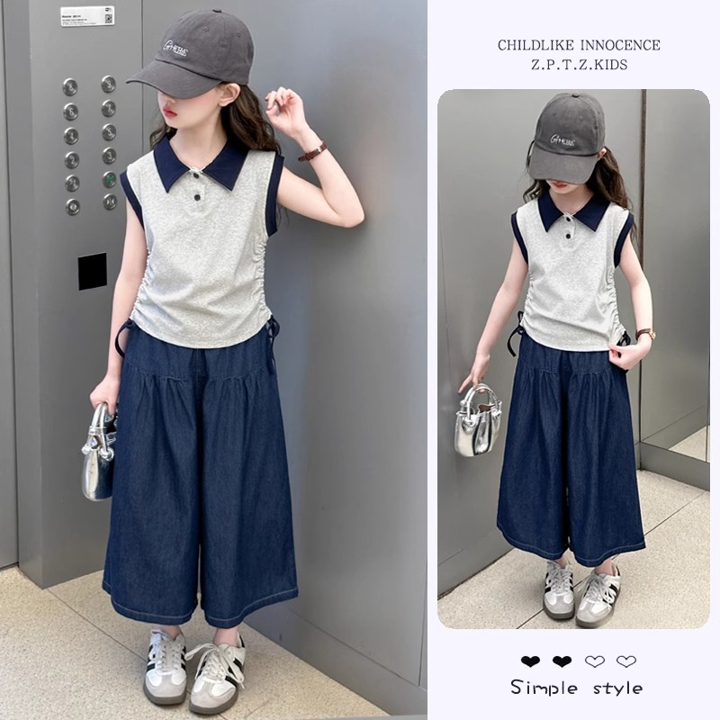 【棉拉架+仿牛仔布】 女童POLO衫套装夏季女孩牛仔阔腿裤两件套