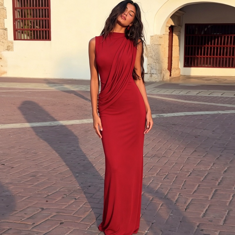 Europa y los Estados Unidos de comercio exterior ropa de mujer 2026 verano nuevo plegado de moda sexy cuello redondo sin mangas vestido ajustado mujer image 1