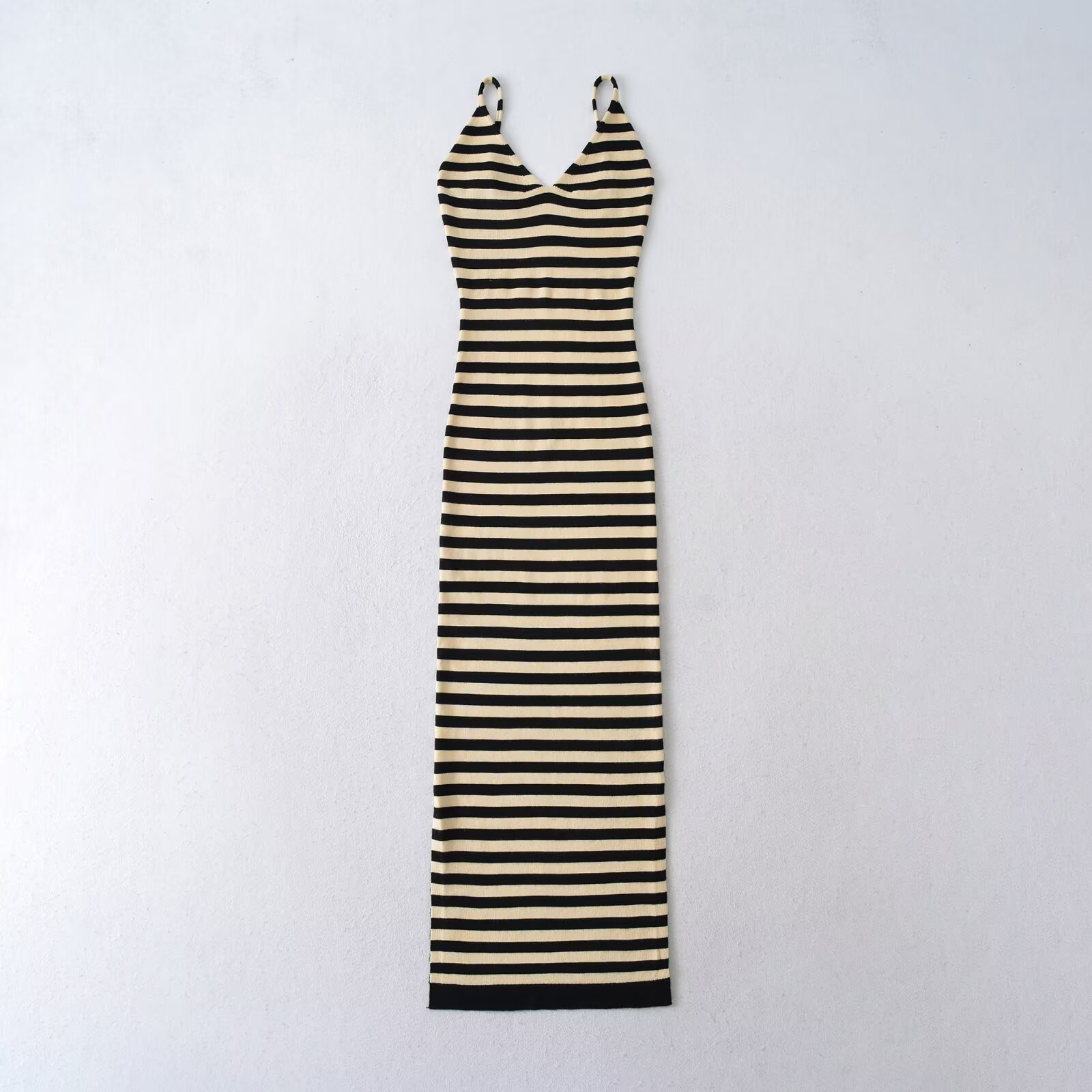 Ypff Trendy Women's Color-Block Striped Spaghetti Strap Dress Elegant Slim Waist V-Neck Slimming Slit Bodycon Dress