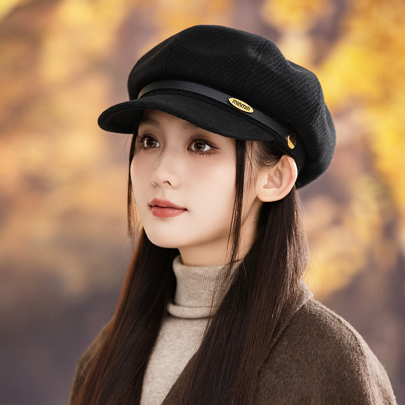 新款显脸小平顶鸭舌帽英伦风秋冬女士鸭舌帽八角帽女贝雷报童帽子|undefined