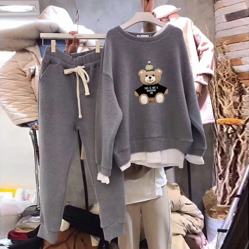 Laisvalaikio kostiumas moteriška sportinė apranga plius aksominis megztinis didelio dydžio moteriškos rudeninės ir žiemos ilgos kelnės laisvas dviejų dalių kostiumas madingas_voghion.com