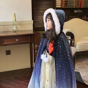 Girls 2024 Autumn and Winter Frozen New Shawl Snow White Girl Navy Blue Cloak Halloween Performance