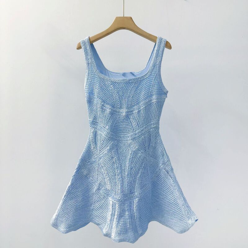 French-Style Exquisite Island Vacation Style Light Blue Crochet Hollow-Out Wave Hem Slimming Waist-Cinching Strap Dress French-Style Exquisite Island Vacation Style Light Blue Crochet Hollow-Out Wave Hem Slimming Waist-Cinching Strap Dress
