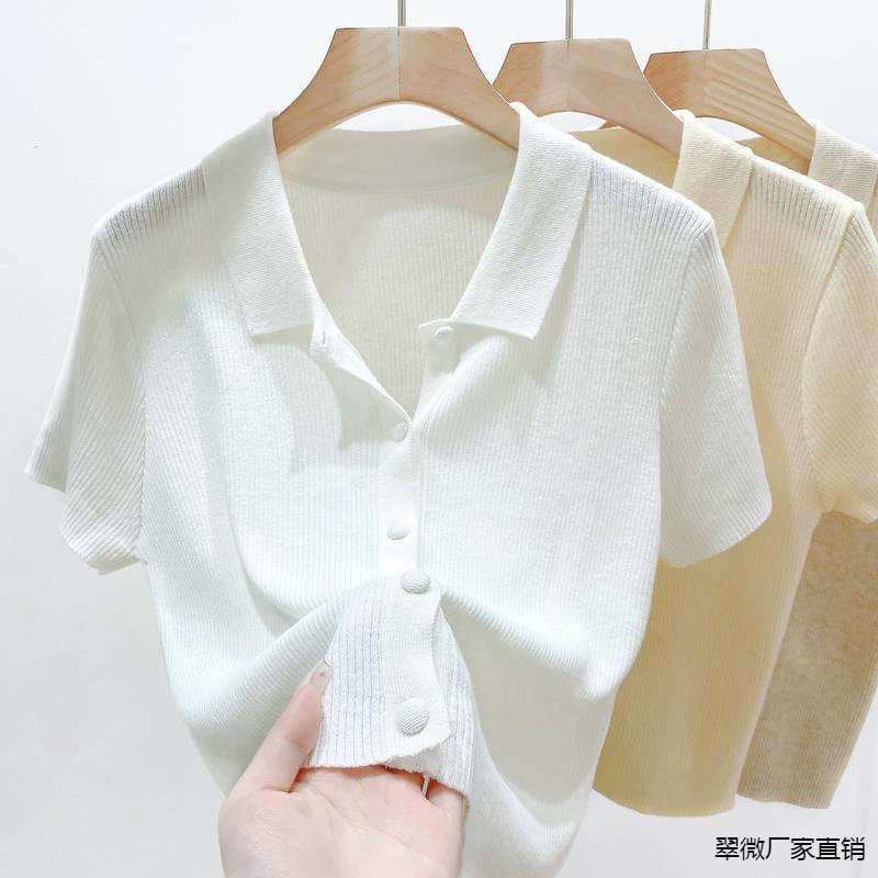 Тонкий вязаный кардиган с korte sleeves, облегающая подростковая летняя кофта, короткая поло-воротник, размеры S–2XL